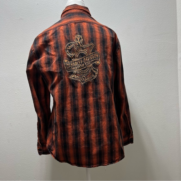 Women's Harley Davidson Embroidered Flannel Button Up Long Sleeve Orange/Black M - Picture 3 of 6